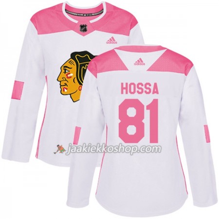 Nainen NHL Chicago Blackhawks Pelipaita Marian Hossa 81 Adidas 2017-2018 Valkoinen Vaaleanpunainen Fashion Authentic